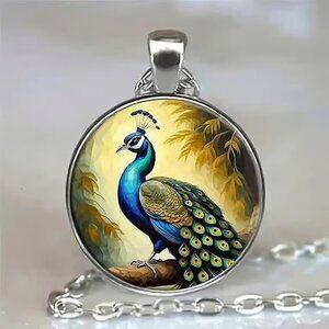Silver PEACOCK Glass Cabochon Pendant Necklace